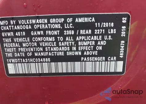 2017 Volkswagen Passat 1.8T R-Line z USA, uszkodzony, nr VIN 1VWDT7A31HC034885